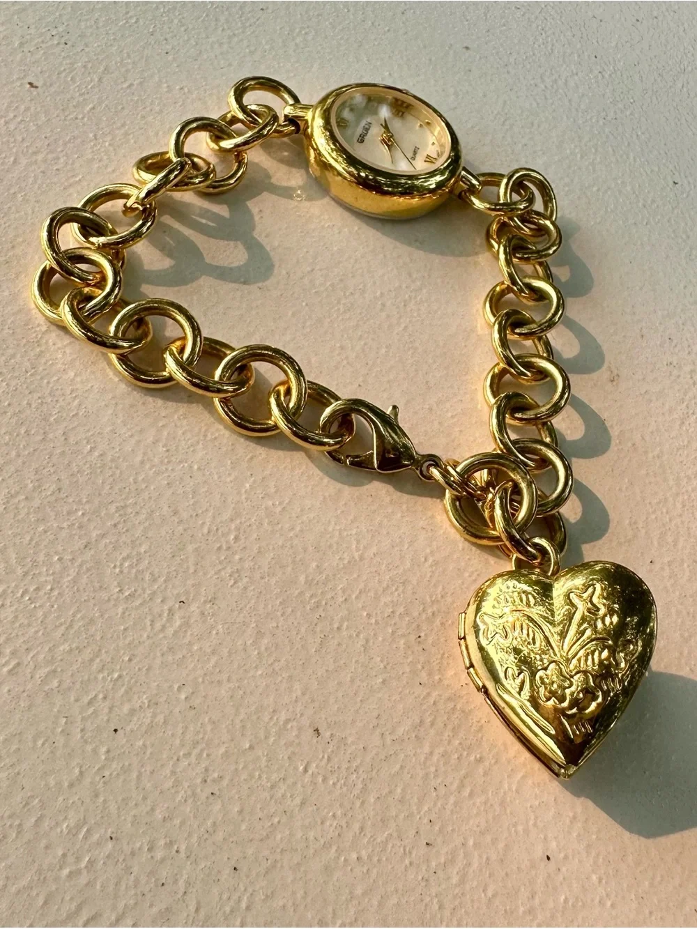 Gold-Tone Heart Charm Bracelet Watch - Unbranded
